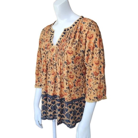 Vintage America Blues Tan, Orange, & Blue Floral Blouse (S) - Picture 1 of 5